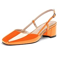WAYDERNS Women's Ankle Strap Square Toe Block Patent Leather Slingback Chunky Low Heel Pumps Shoes 2 Inch