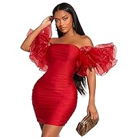 Womens Fall Fashion 2022 Off Shoulder Exaggerated Ruffle Ruched Mesh Bodycon Dress (Color : Red, Size : X-Small)