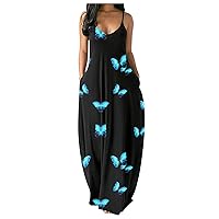 Women's Casual Dress Printing Camisole Maxi Dress Long Dress Baggy Loose Dress Sleeveless with Pocket (6-Blue,6) 0972