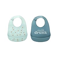Pearhead Silicone Bib Set of 2, One Milk Drunk Baby Bib, One Light Blue Milk and Cookies Bib, Gender-Neutral Baby Feeding Accessory for New Parents and Expecting Parents, 2 Bibs