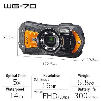 Ricoh WG-70 Orange Waterproof Digital Camera 16MP