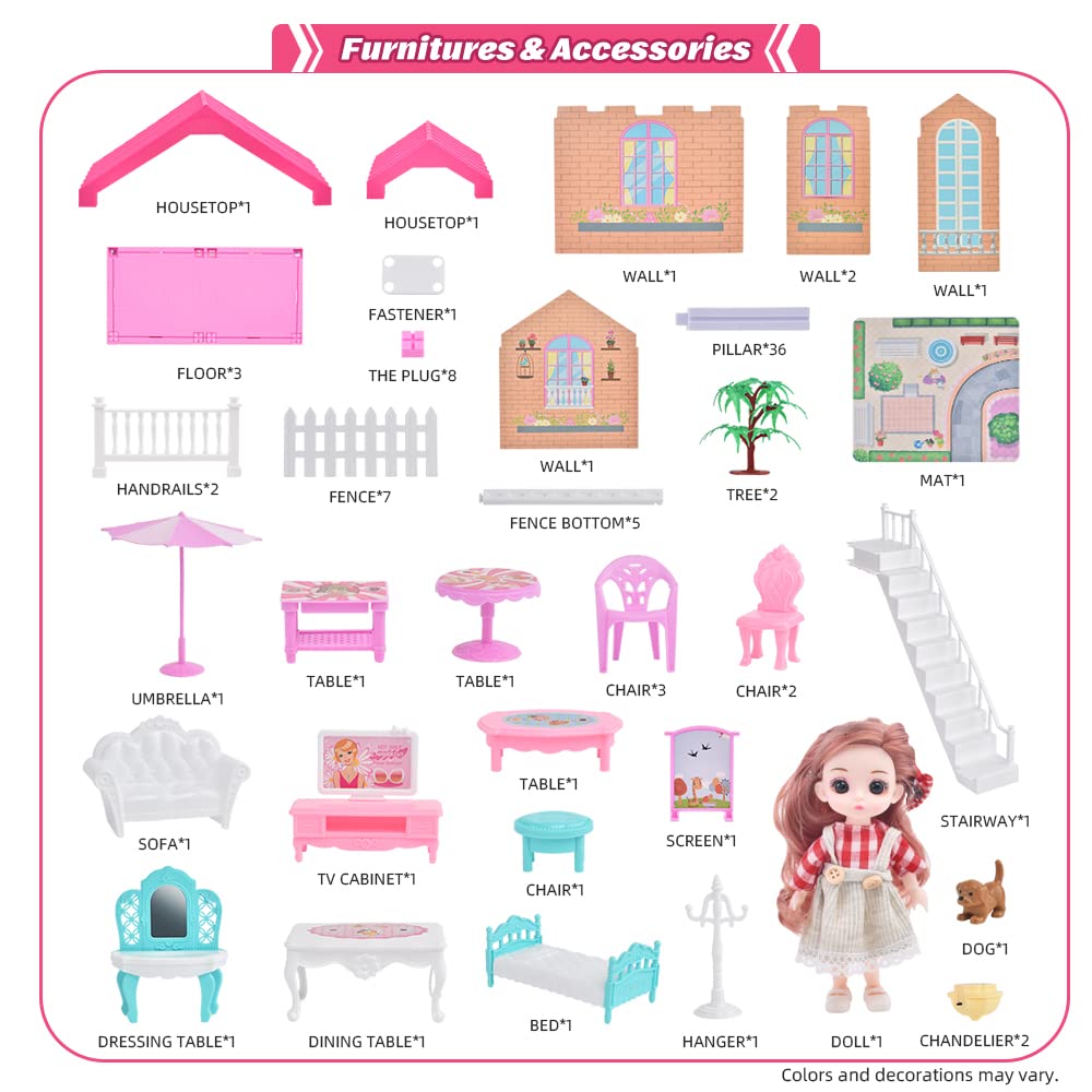 Dreamhouse Doll House for Girls, Fully Furnished Fashion Dollhouse w/Lights, Play Mat and Upgraded Doll, Numerous Doll Houses Furniture & Accessories, DIY Dollhouse Kit Gift Toy for Kids 3 4 5 6 7 8+