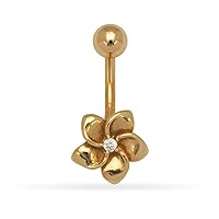 JewelryWeb - Solid 14k Gold Cubic Zirconia Plumeria Flower Belly Button Ring - 8mm x 20mm - Curved Barbell Navel Piercing for Women - Belly Piercing Jewelry