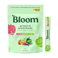 Bloom Nutrition Greens and Superfoods Powder Packets for Digestive Health, Greens Powder, Digestive Enzymes, Probiotics, Spirulina, Chlorella for Bloating & Gut Support, 15 Stick, Strawberry Kiwi