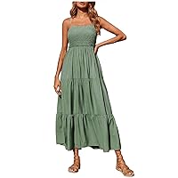 Women's Summer Casual Sleeveless Dress Smocked Tiered Swing A Line Boho Beach Spaghetti Strap Flowy Long Dresses (Medium, Green)