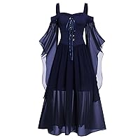 Womne Plus Size Cold Shoulder Butterfly Sleeve Lace Up Halloween Dress Irregular Mesh Lace up Dress Waist Gothic