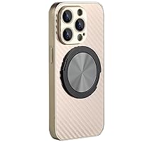 LOFIRY- Magnetic Case for iPhone 15 Pro Max/15 Pro/15 Plus/15, Carbon Fiber Case with Rotation Kickstand Support Wireless Charging Lens Protection Cover (15'',Gold)