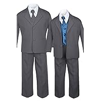 7pc Formal Boys Dark Gray Suits Extra Green Teal Vest Necktie Set S-20 (10)