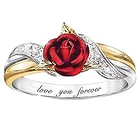 Fashion Rose Crystal Ring, Cubic Zirconia Promise Engagement Ring Women Wedding Anniversary Jewelry