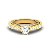 REAL-GEMS Lab Created G VS1 Diamond 14k Yellow Gold 1.2 CT Round Shape Solitaire with Accents Minimalist Gifting Ring Sizable