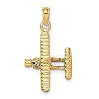 14k Yellow Gold 3-D Bi-Plane with Ribbed Wings Charm Pendant