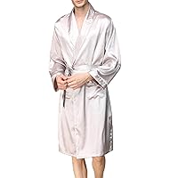 Men's Summer Luxurious Kimono Soft Satin Robe Long-Sleeve Nightgown Printed Pajamas Bathrobes Silver, Large/X-Large