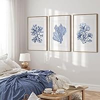 Home Decor Wall Art 3 Pieces Coral Seaweed Botanical Poster Navy Blue Watercolor Prints Canvas Painting Framed Artwork for Beach House Decoration with Inner Frame