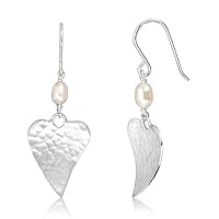 WithLoveSilver 925 Sterling Silver Hammered Heart Freshwater Cultured Pearl Dangle Hook Earrings