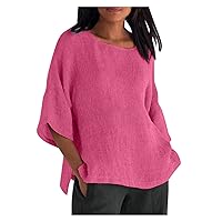 Cotton Linen Tops for Women, 3/4 Sleeve Tshirt Womens Crewneck Casual Summer Tunic Top Trendy Tops and Blouses 2023