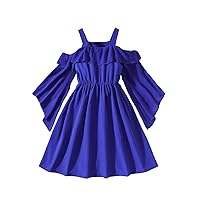 COZYEASE Girls' Cold Shoulder Ruffle Trim Dress Long Sleeve A Line Flared Dress Cute Summer Dresses