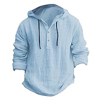 Mens Cotton Linen Hooded Henley Shirt 2024 Spring Casual Long Sleeve Button Up Drawstring Hoodie Sweatshirt Blouse