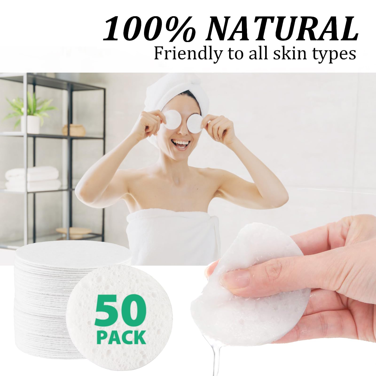 50-Count Compressed Facial Sponges, 100% Natural Cellulose Spa Sponge Perfect for for Daily Cleansing, Exfoliating, Removing Dead Skin and Makeup Removal