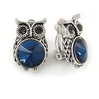 Vintage Inspired Blue/Grey Crystal Owl Clip On Earrings In Aged Silver Tone Metal - 22mm Tall