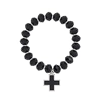 Black Natural Stone Elastic Bracelet with Cross Charm, White Gold Pendant with 11mm Cubic Zirconia Beads Stretch Bangle for Women and Girls, Fashion Religious Jewelry