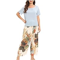 Cotton Pajamas Set for Women Soft 2 Piece Sleepwear Solid Short Sleeve Top & Floral Capri Pants Loungeswear Pj Sets