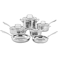 Classic Pots & Pans Set, 10 pcs Cookware Set with Saucepans, Saute pans, & Skillets- Tapered Rims for Drip Free Pouring & Cool Grip Handles, Stainless Steel, TPS-10