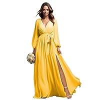 Long Sleeve Chiffon Bridesmaid Dresses with Slit V Neck Pleated Formal Prom Dress Evening Gowns for Women MA49