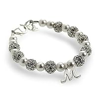 Personalized European Crystal, White Simulated Pearls, with Sterling Silver Heart Initial Baby Bracelet (BSHWI)