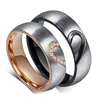 His or Hers (Priced Separate) Korean Style Titanium Stainless Steel Couple Heart in Love Wedding Bands Set Ring with Cubic Zirconia Stone-JCR051