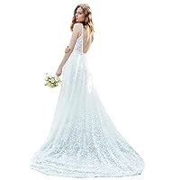 LIPOSA Women's 3D Petal Lace Wedding Dresses Plunging V Neck Backless Long Reception Bridal Gowns with Court Train