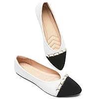 BABUDOG Women's PU Leather Flats Shoes,Black and White Dress Shoes,Crimping Faux Suede Pointed-Toe Flats