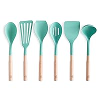 GreenLife Cooking Tools and Utensils, 7 Piece Nylon and Wood Kitchen Set with Ceramic Crock Holder, Heat Resistant Spatula and Spoons, BPA-Free, Turquoise