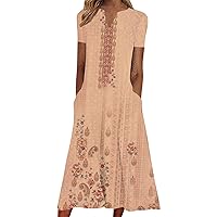 Boho Dress for Women Plus Size Retro Floral Short Sleeve Shirts Sundresses Loose Casual Maxi Dresses with Pockets