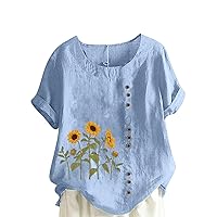 Summer Womens Cotton Linen T-Shirt Casual Sunflower Button Up Tops Short Sleeve Crewneck Comfy Soft Loose Blouses