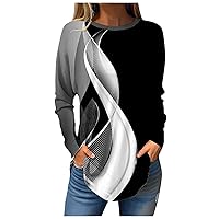 Oversize Tops for Women Casual Long Sleeve Loose T-Shirts Round Neck Cute Tunic Tops Lightweight Print Tees Blouses