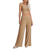 PRETTYGARDEN Women's Summer Casual Two Piece Outfits Sweatsuits Tank Scoop Neck Ribbed Knit Long Pants Tracksuits