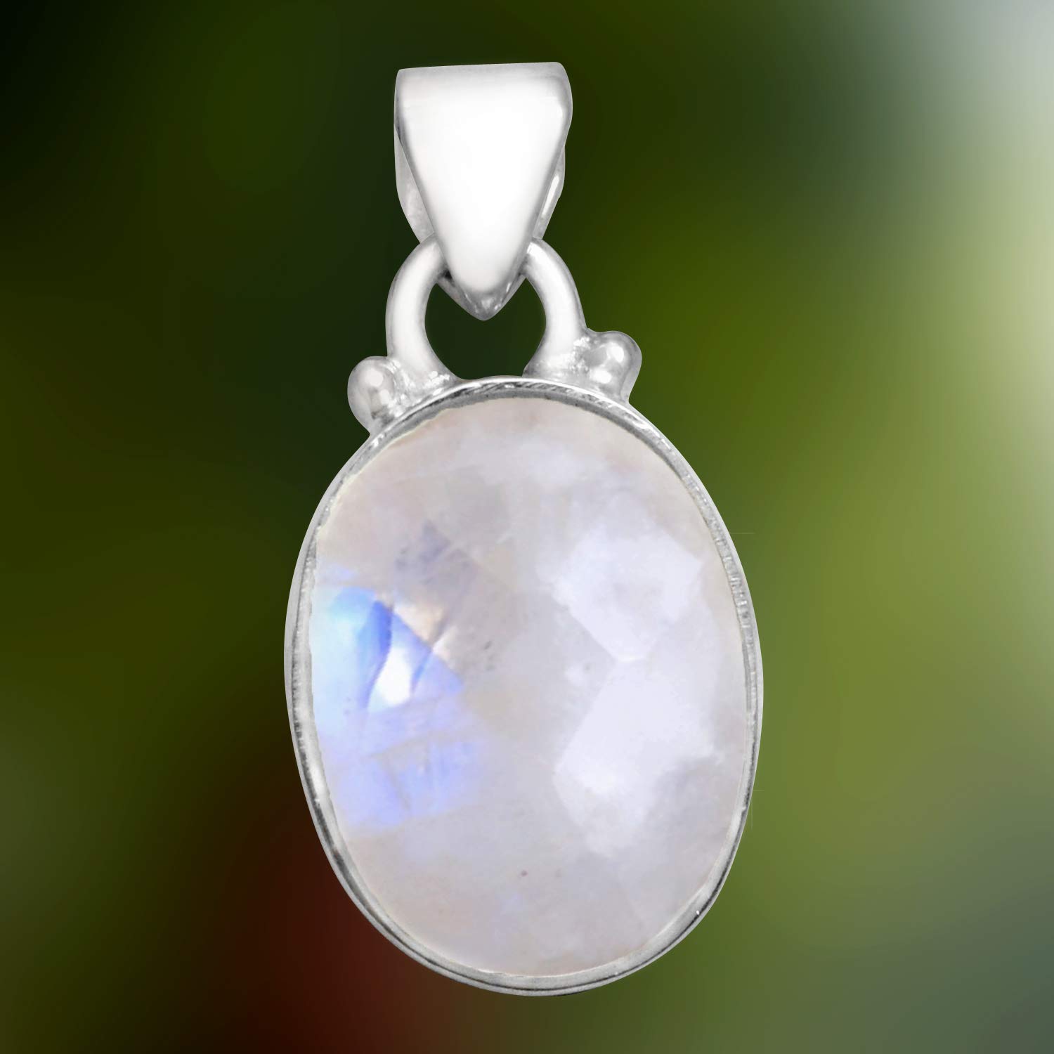 Silver Palace 925 Sterling Silver Oval Shape Natural Rainbow Moonstone Pendant For Women and Girls