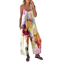 Womens Casual Jumpsuits Summer Spaghetti Strap Sleeveless Butterfly Print Loose Wide Leg Pants Romper With Pocket