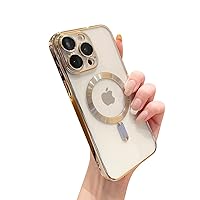 Threehundred for iPhone 15 Pro Max Case Magnetic Titanium Glossy Clear with Camera Lens Protector MagSafe Electroplated Silicone Dust-Proof Net Shockproof Protective Phone Case Cover 6.7 Inch - Gold