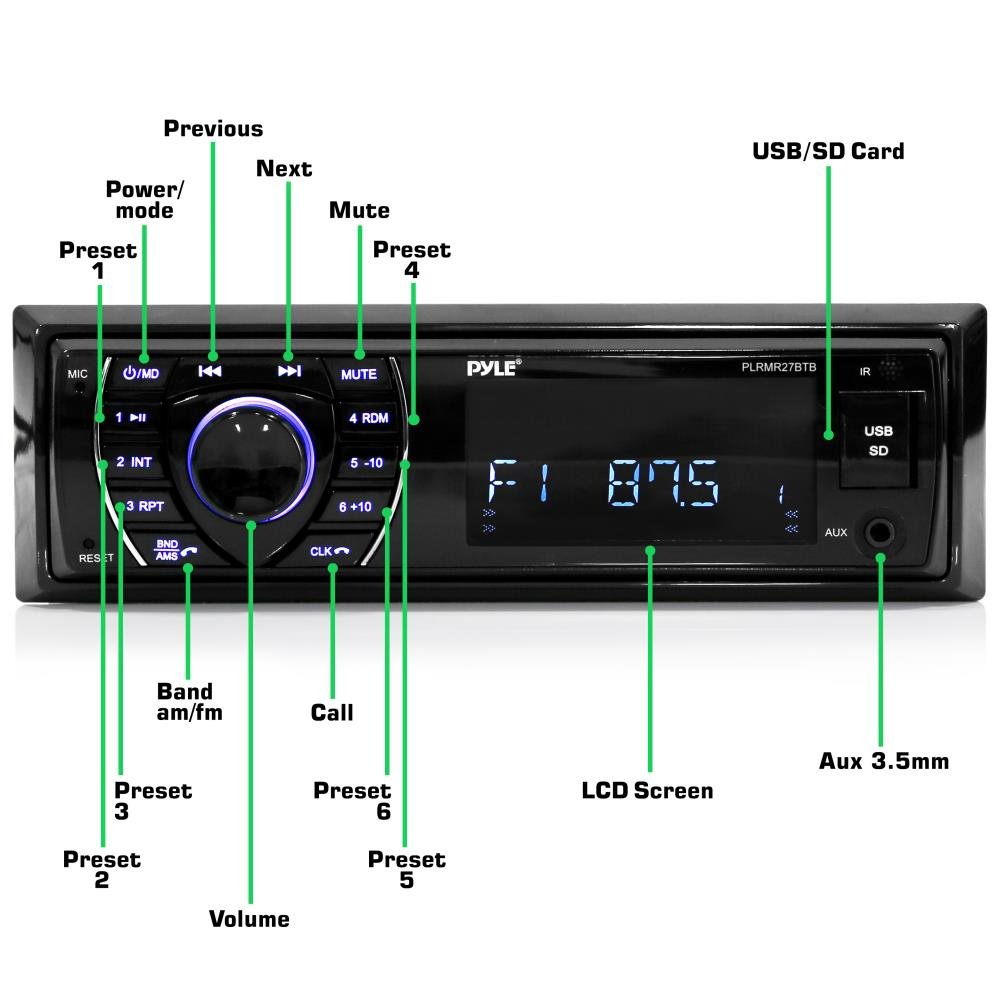 Pyle Bluetooth Marine Receiver Stereo - 12v Single DIN Style Boat In dash Radio Receiver System with Digital LCD, RCA, MP3, USB, SD, AM FM Radio - Remote Control, Wiring Harness - PLRMR27BTB (Black)