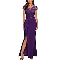 MISSMAY Women's Retro V-Neck Lace Split Style Evening Formal Long Dress