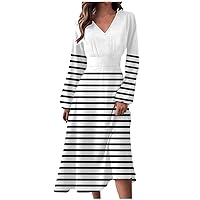 Women's Sweater Dress Autumn and Winter Casual Fashion V-Neck Long Sleeve Stripe Print Dress, S-2XL