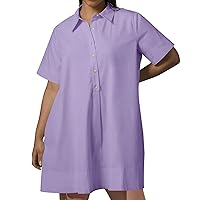 2024 Casual Boyfriend Tunic Dresses Women Lapel Button Short Sleeve Shirt Dress Summer Solid Oversized Mini Dress