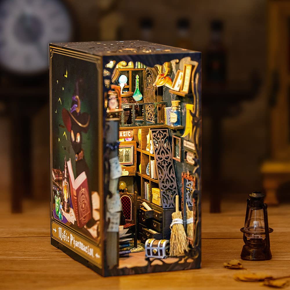 CUTEBEE DIY Book Nook Kit, DIY Dollhouse Booknook Kit Bookshelf Insert Decor Alley, Bookends Model Build-Creativity Kit with LED Light(Magic Pharmacist)(Forest Tea Shop)