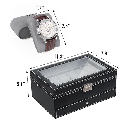 NEX Watch Box Mens Watch Case Organizer 12 Slot Double-Layer PU Leather Jewelry Display Drawer Glass Top with Lock, Black