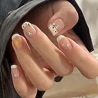 24Pcs French Tip Press on Nails Short Square Fake Nails Cute Stars with Rhinestones Designs Short French Acrylic Nails White Nail Tip Artificial Nails for Women Girls Nail Art Decorations