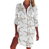 Women's Tops 2024 Floral Long Shirts Casual Summer Beach Dresses Roll 3/4 Sleeve Button Down Dress Tunic Tops Blouse