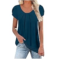 Women's Casual Round Neck Basic Pleated Tops Cap Sleeve Curved Keyhole Back Blouse