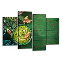 CXHSZHYZYQ Canvas Wall Art Prints Pictures Asparagus soup plate ingredients bread toasts green wood Framed Posters Modern Wall Painting Artwork Gift Home Decor for Living Room Ready to Hang 4 Panel