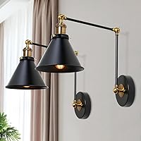 Black Wall Sconces Lighting, 2 Pack Modern Industrial Swing Arm Plug in or Hardwired Adjustable Wall Lamp with Antique Brass Finish for Bedroom, Kitchen, and Living Room